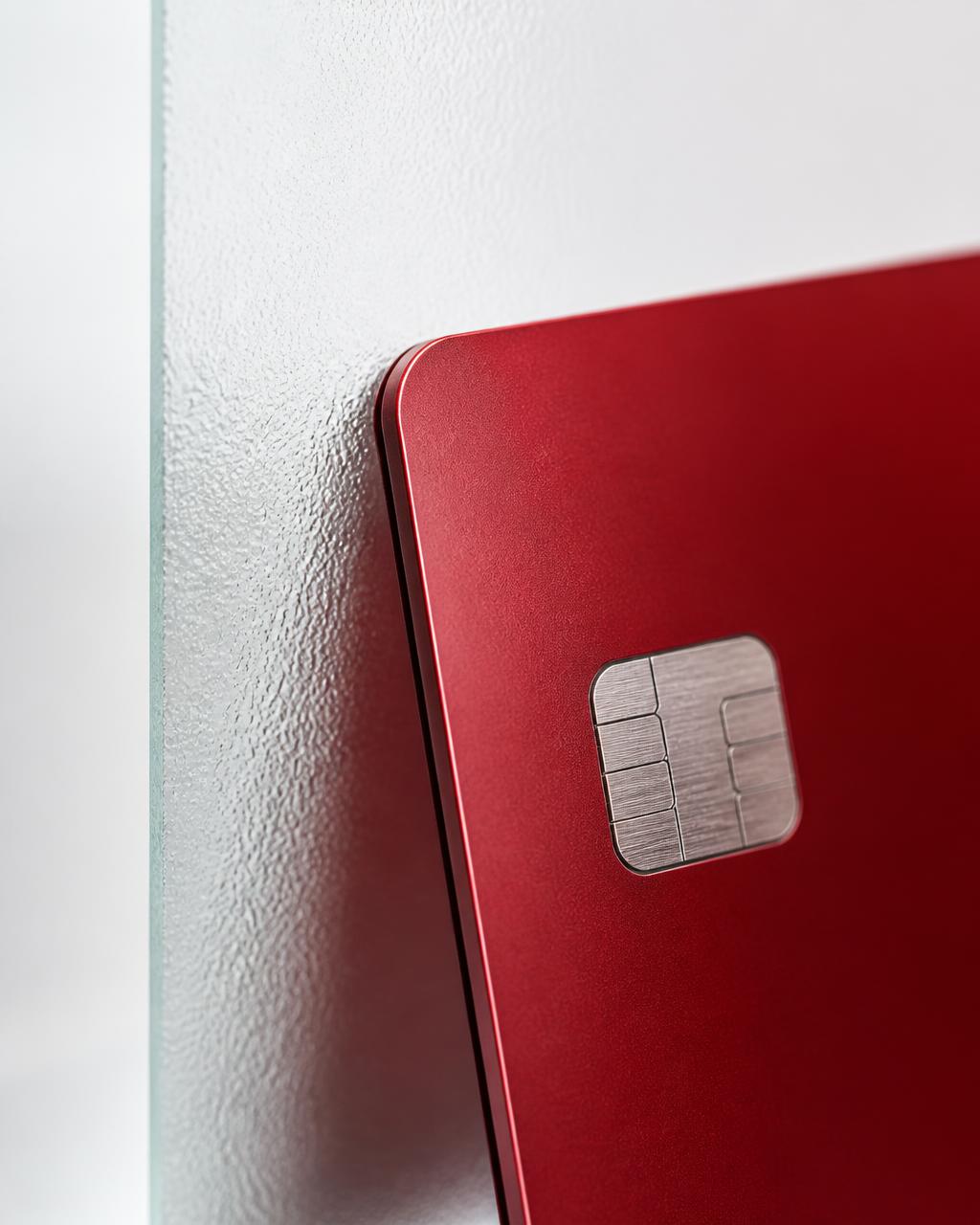 Close-up of an unbranded red payment card against frosted glass